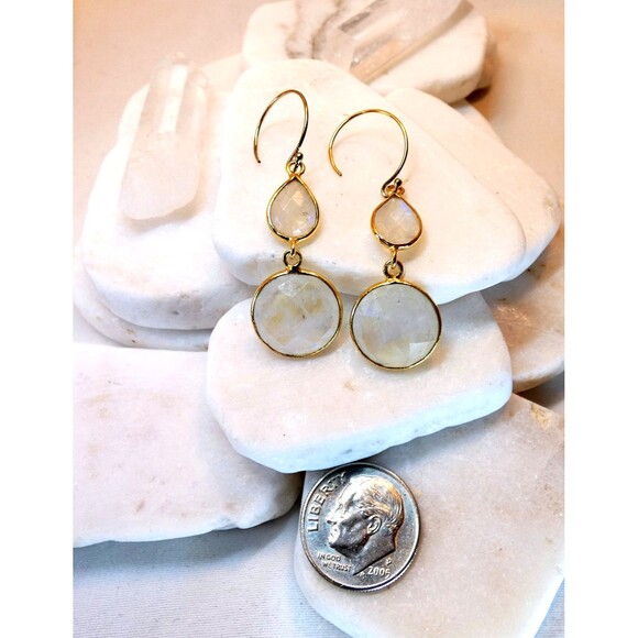 Rainbow Moonstone Gold Fill Earrings Dangle Drop Moon Goddess Healing - Picture 4 of 6